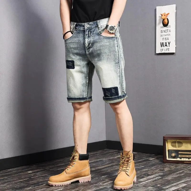 Fashion Korean Luxury Clothing Vintage Patch Designer Hiphop Harajuku Denim Knee-Length Shorts for Men Summer Casual Short Jeans