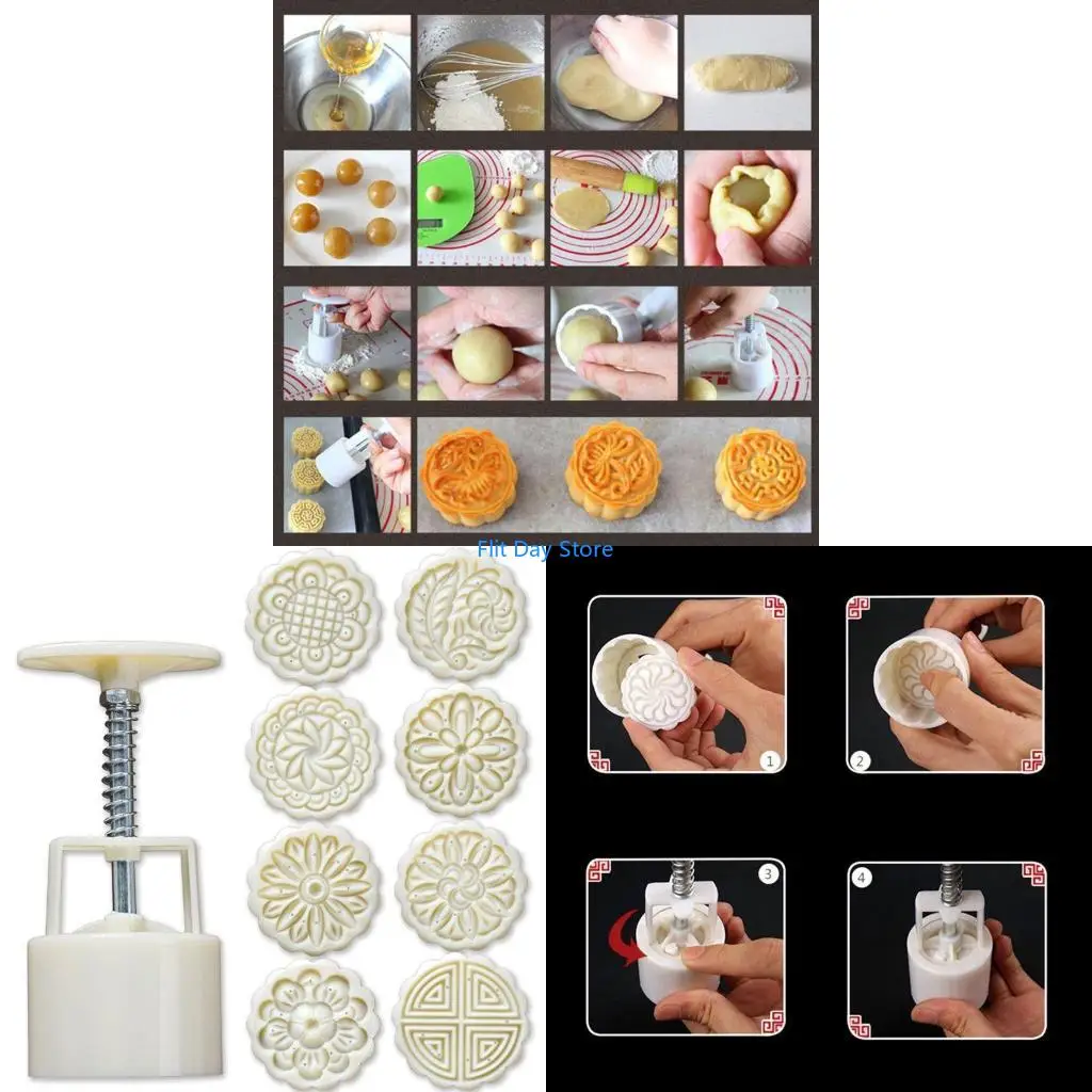F92C 8pcs Hand Press Cookie Stamp Moon Cake Decor Mould Barrel Mooncake Mold 75g DIY
