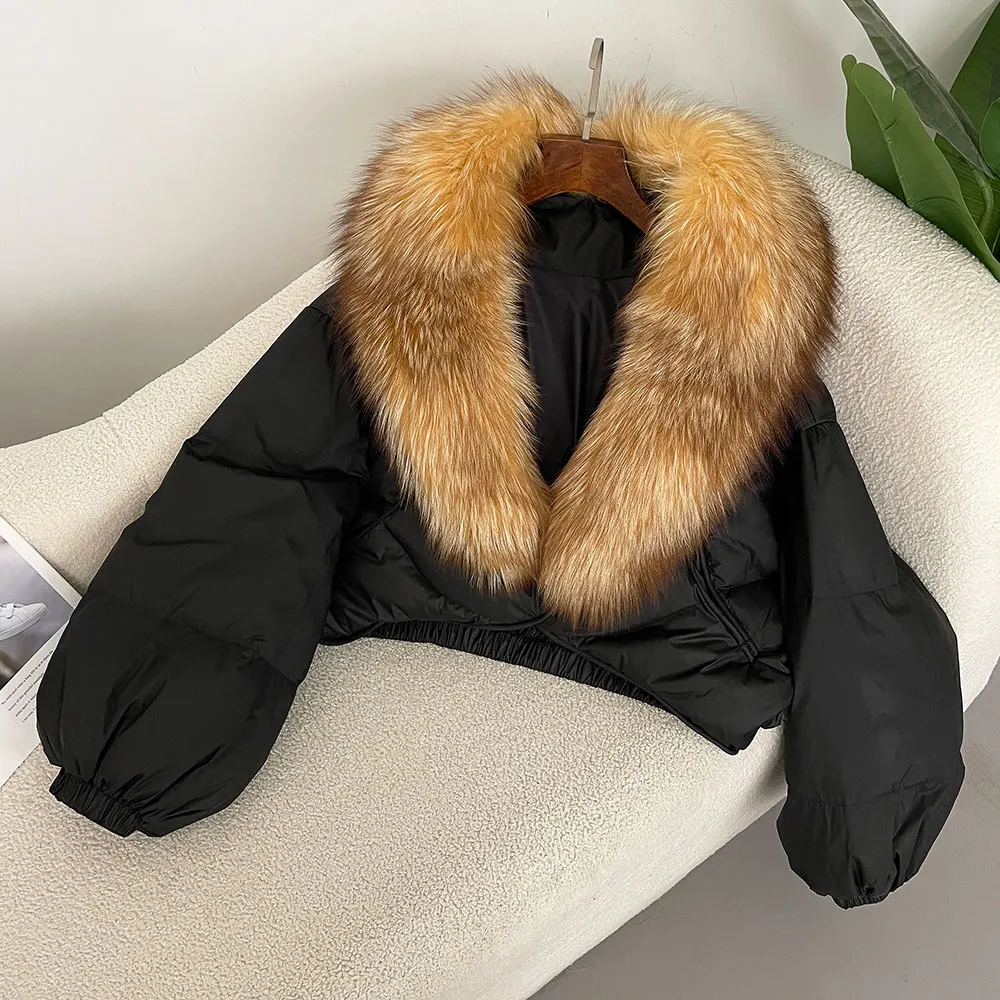 Down jacket women 2024 Winter Women Real Fox Fur White Duck Down Short Jacket Female Warm Long Sleeve Puffer Coat Luxury Loose