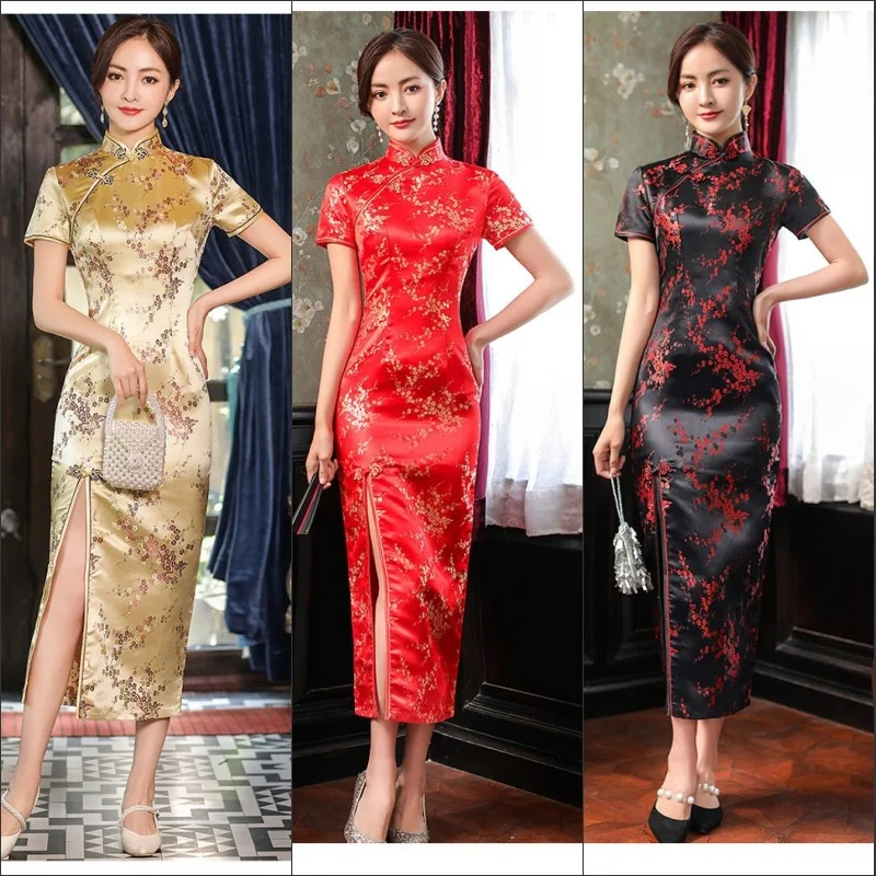 Solredo Long Cheongsam Elegant One Side Split Chinese Classic Women\'s Qipao Short Sleeve Sexy Wedding Evening Party Dress