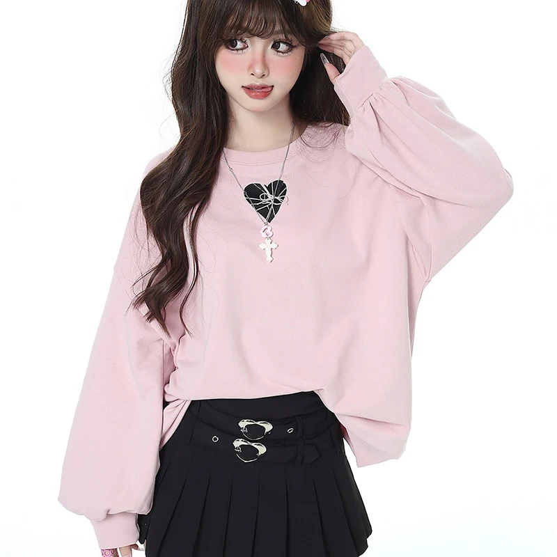 

Bow Lace Up Pullover Women Japanese Sweet Y2K Street Loose Casual O Neck Print Coat Fashion Autumn New All Match Streetwear Tops