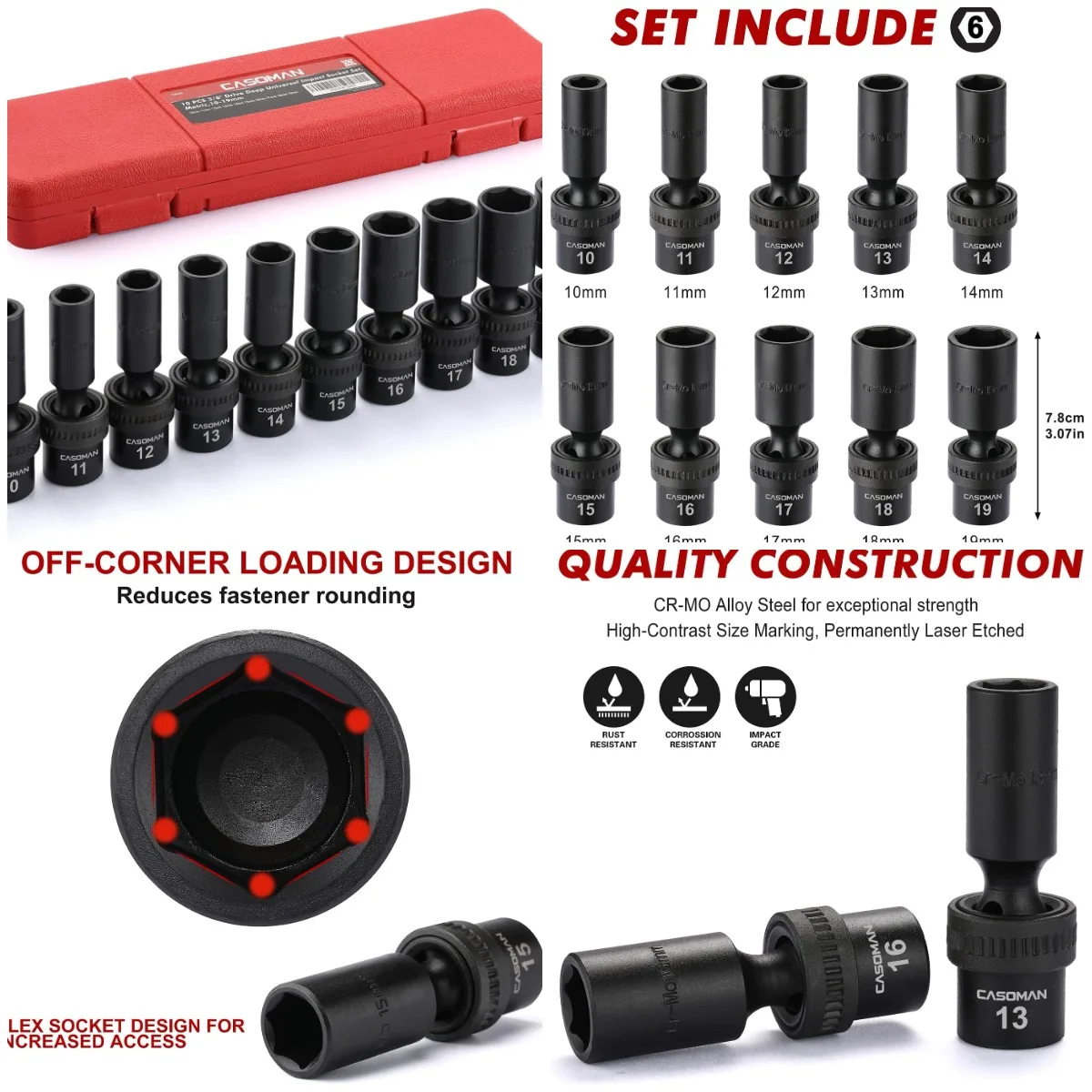 

10 PCS 3/8' Drive Deep Standard Universal Impact Socket Set, 6 Point, CR-MO, Metric,10-19mm