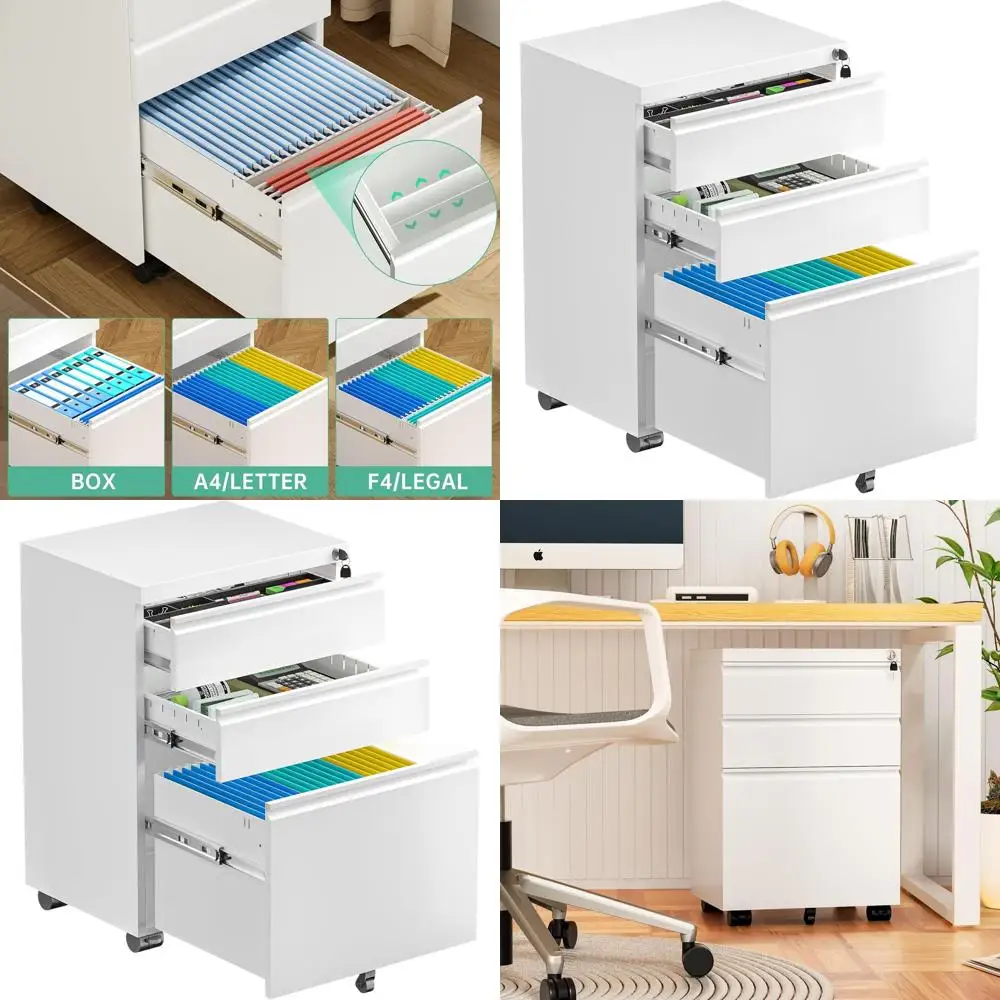 

Mobile Metal 3-Drawer File Cabinet with Lock, Under Desk for Home Office, A4/Letter/Legal Size