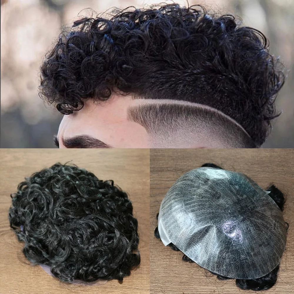 20MM Curly Injected Skin Base Men Wig Durable 100% Human Hair Replacement System Toupee for Men