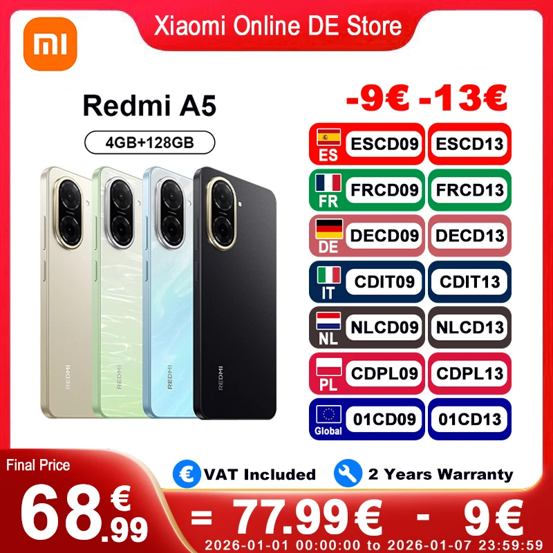 Version mondiale Xiaomi Redmi A5 4G Smartphone 6.88 ''120Hz affichage 5200mAh batterie 32MP caméra réelle prise Audio 3.5mm