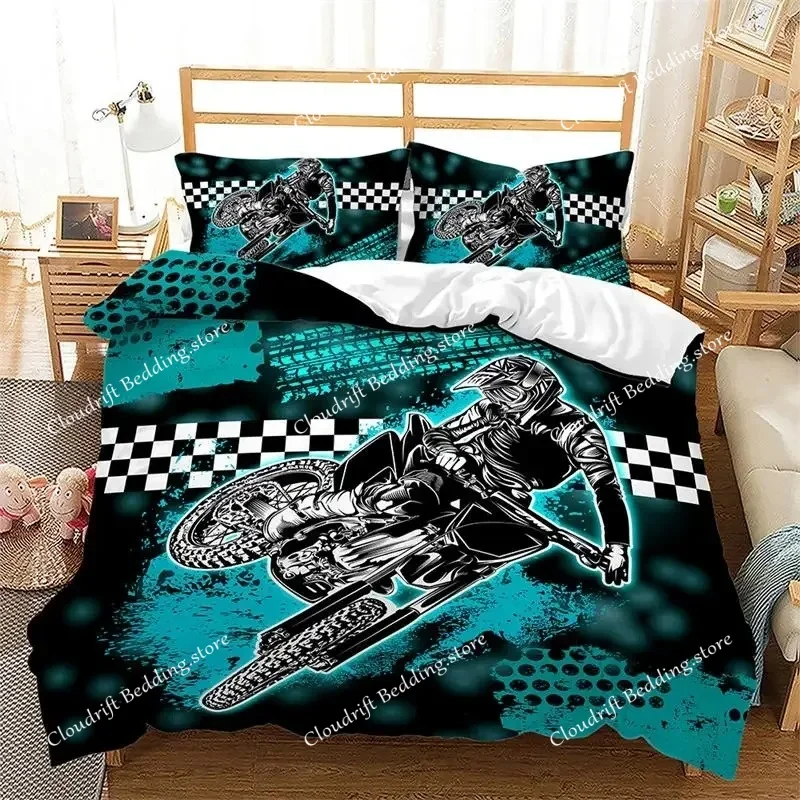 Racing Motorcycle King Duvet Cover Microfiber Extreme Sport Comforter Cover Cruising Locomotive Motocross Dirt Bike Bedding Set