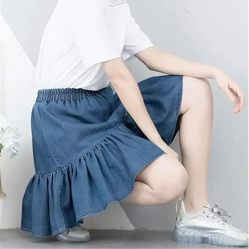 Moda 2026 verano Bohe cintura alta con volantes playa Falda corta de mezclilla Sexy plisada Mini faldas jeans Puff falda ropa de mujer