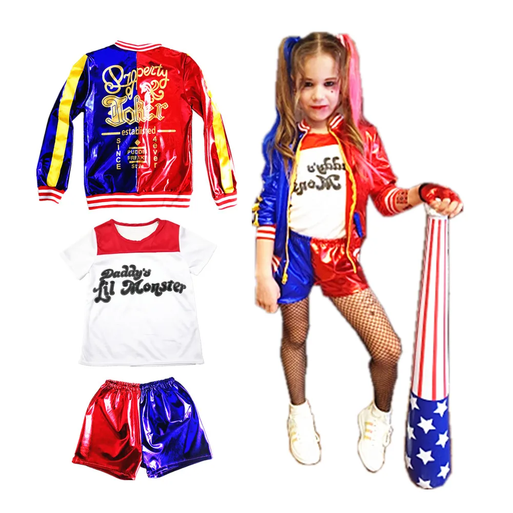 New Carnival Kids Girls Suicide Harley Costumes Cosplay Quinn Squad Monster Jacket T-Shirt Shorts Suit Christmas Clothe