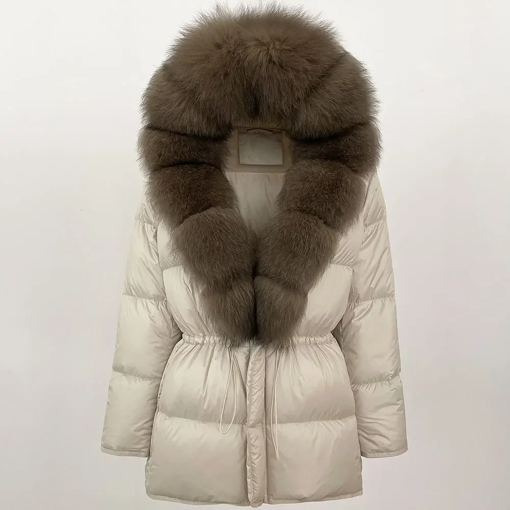 Piumino d'anatra bianco Cappotto di pelliccia di realtà Giacca di pelliccia di volpe naturale femminile Donna Autunno Inverno Caldo Lady Piumino di pelliccia di volpe reale