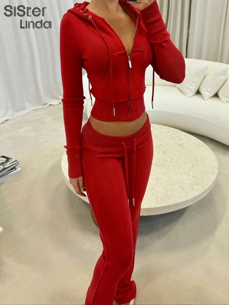 Sisterlinda Autumn Release Junior Ankle-Length Sexy High Street Pants Suit K24S57681 Girl Solid Silm Hooded Fashion Pants Suit