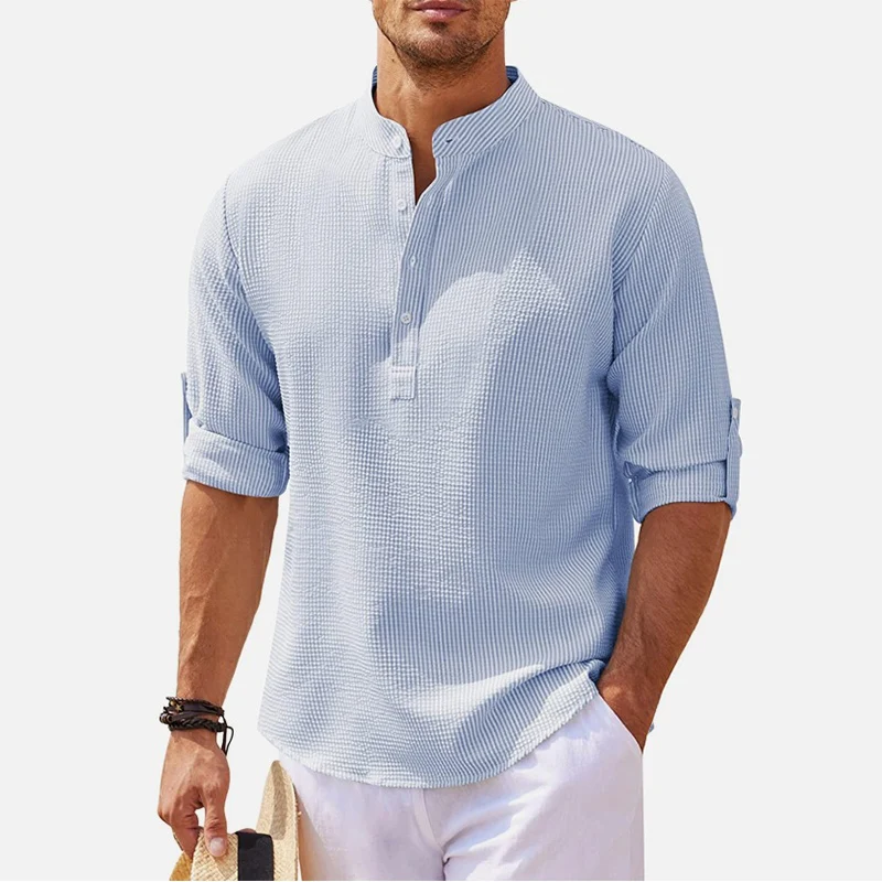 New Men\'s Casual Shirts Cotton Linen Shirt Loose Tops Stand-Up Collar Long Sleeve Shirt Spring Autumn Casual Beach Style Blouse