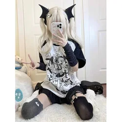 2024 Y2k Japanese Summer Loose T-shirt Women Casual Two-Dimensional Cute Patchwork Short-sleeved T-shirtO Neck Cartoon Tops