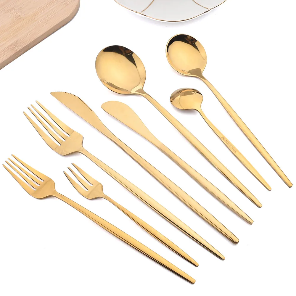 10Pcs Gold Dinnerware Sets Knife Fork Long Handle Spoons Dessert Flatware Mirror Cutlery Stainless Steel Tableware Silverware