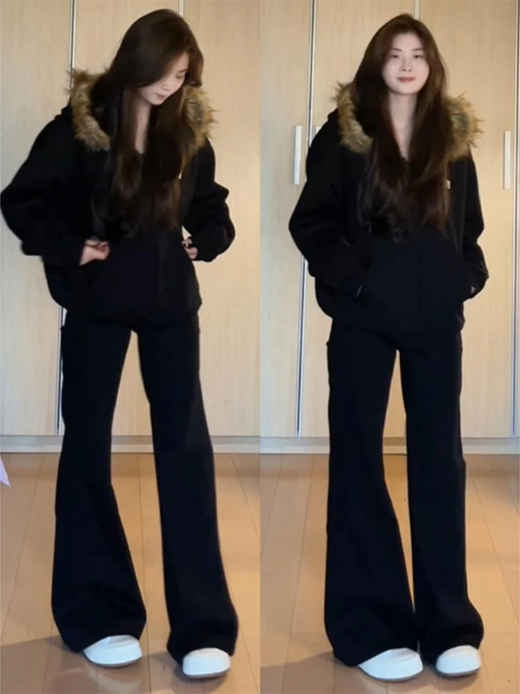 

plus Size Fleece Lined Thickened Micro Flared Denim Jeans Women's Autumn Winter High Waist Slimming Elastic Straight Leg Wide...