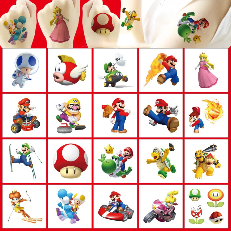 20Pcs Cartoon Super Mario Bros Tattoo Sticker Children\'s Reward Sticker Pack Cute Pikachu Laptop Skin Stickers