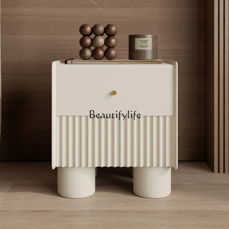 

Italian Light Luxury Bedroom High-Grade Cream Style Solid Wood Bedside Cabinet Stone Plate Modern Locker