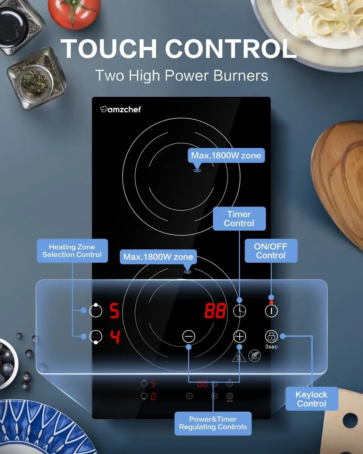 Estufa de inducción eléctrica de 2 quemadores, estufa eléctrica de 12" con enchufe 1800W, 120V, 9 niveles de potencia, bloqueo infantil, temporizador, táctil