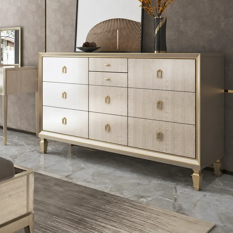 American Solid Wood 9 Drawer Chest Modern Simple Bedroom High End Storage Cabinet Light Luxury Champagne Decorative Dresser