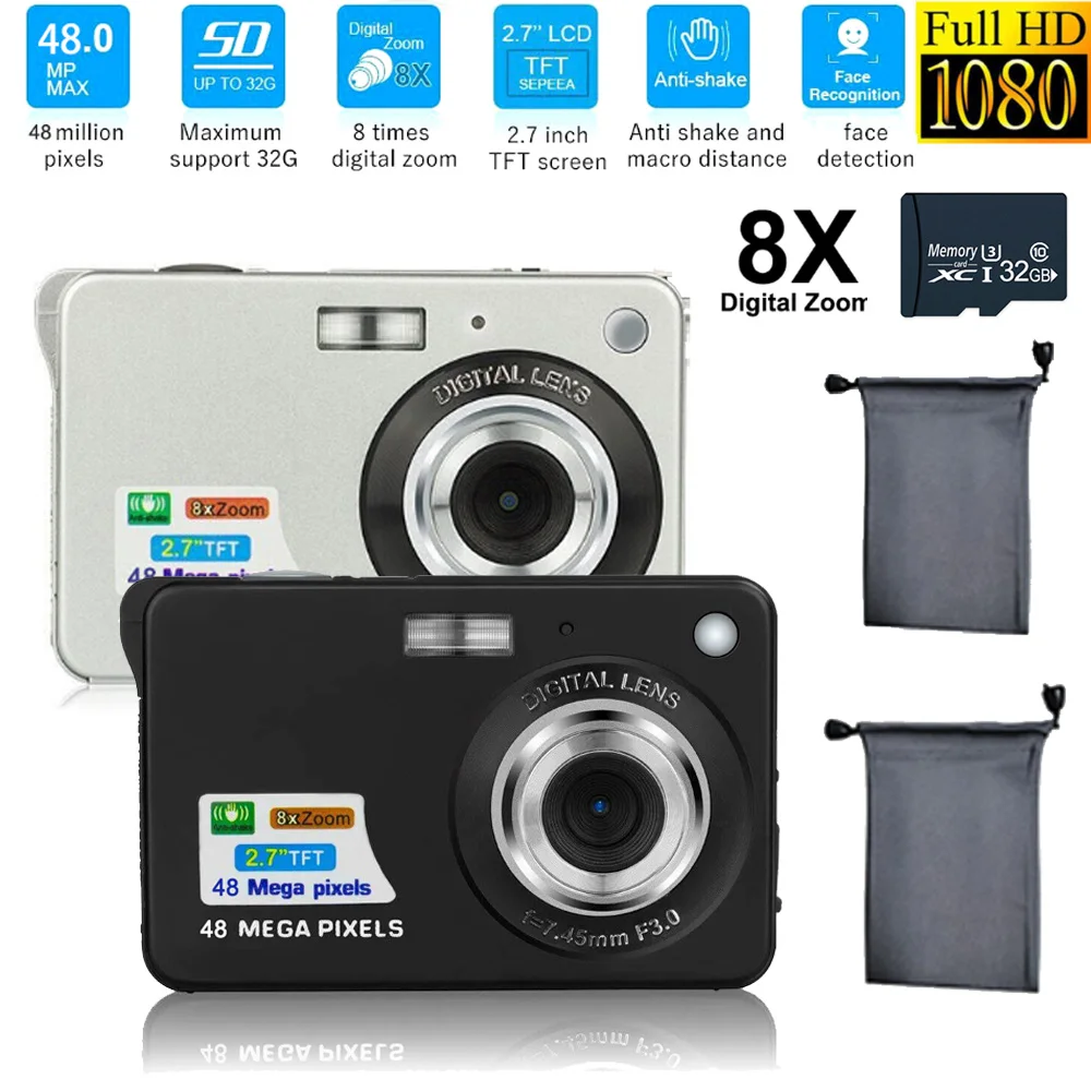 2.8in HD Digital Camera With LCD Screen Child Camera Outdoor Anti-Shake Mini Camera 8x Digital Zoom Photography Camcorder 32GB