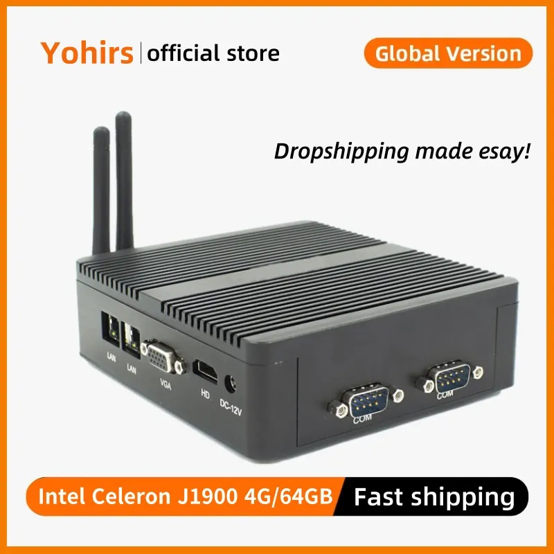 Cheap Fanless Industrial Mini PC Celeron J2900 J1900 2*LAN 2*RS232 Com HD VGA Dual Display  Win10 Linux Mini Rugged Computer