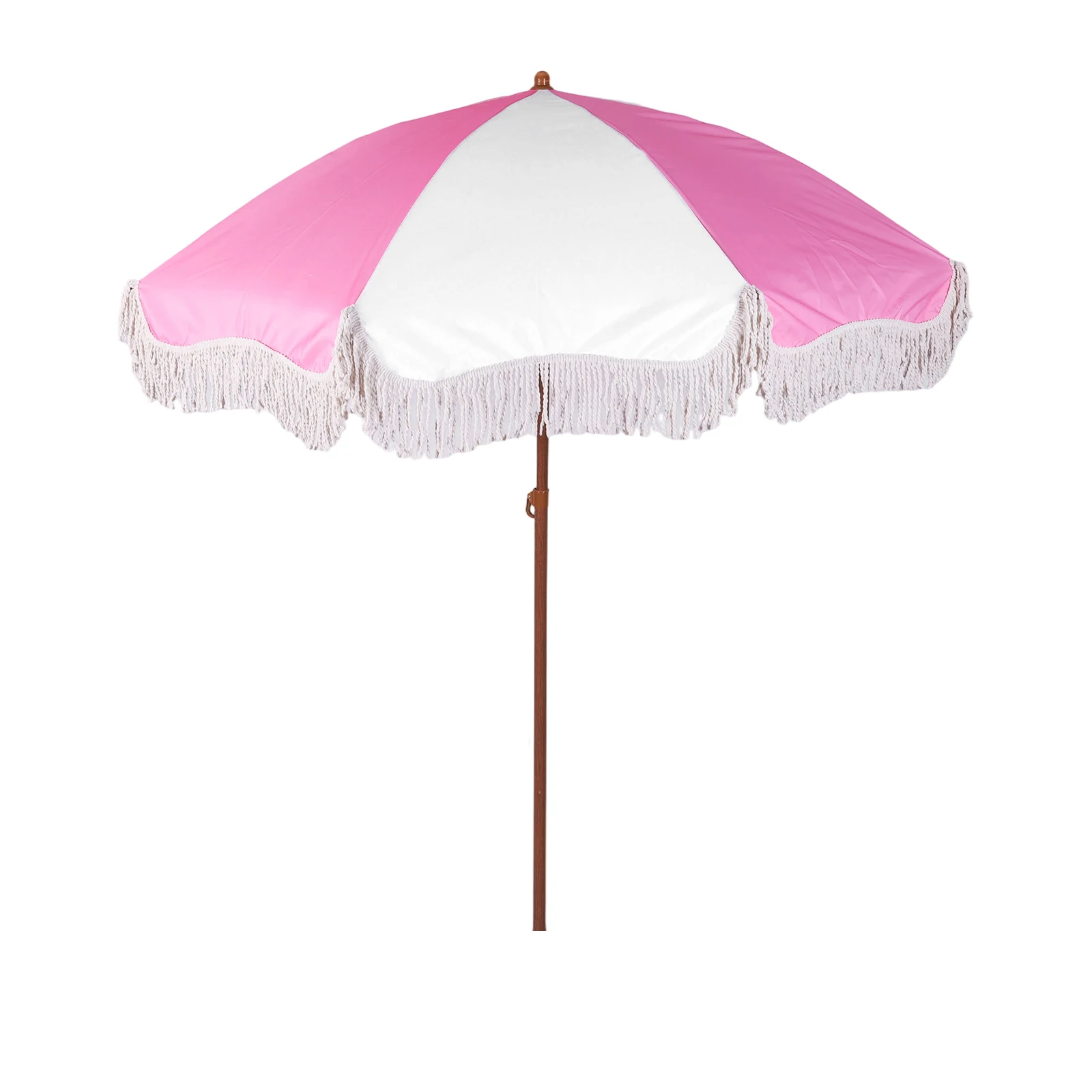 

Boho Beach Umbrella with Fringe Adjustable Patio Umbrellas UV Protection Parasol for Garden Table Pool (White Pink)