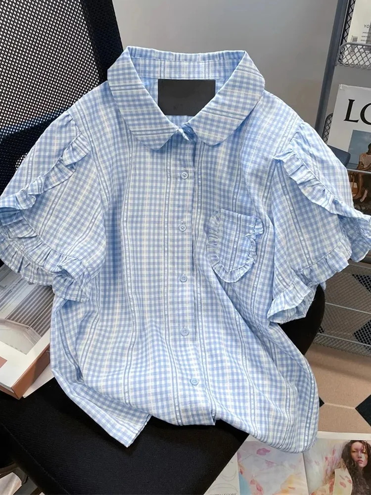 

Zoki Ruffles Sweet Plaid Shirt Women Loose Puffy Sleeve Cute Blouse Korean Vintage Casual Summer Elegant Female Retro Design Top