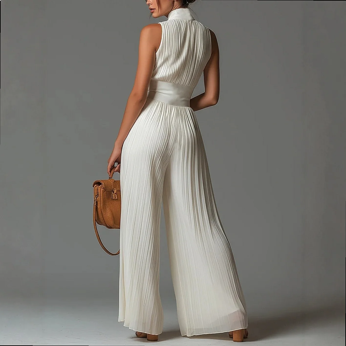 White Ruffle Halter Jumpsuit Women Long Wide Leg Pleated Fashion Sexy Overall Jumpsuits view 3