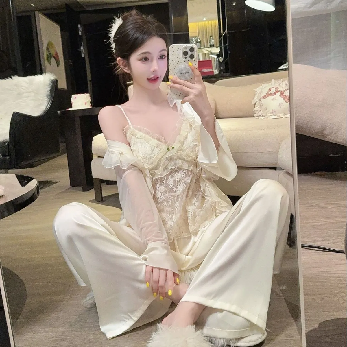 

Summer Women 4PCS Pajamas Set Home Clothes Sexy Lace Shirt Pants Cami Shorts Pijamas Suit Loose Silky Satin Sleepwear Homewear