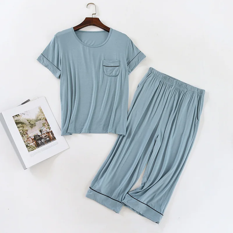 Simple New Pyjama Pour Femmes Modal Round-Neck Women's Pajamas Short Sleeved Capris Pant Suit Household Clothes Pijama Mujer