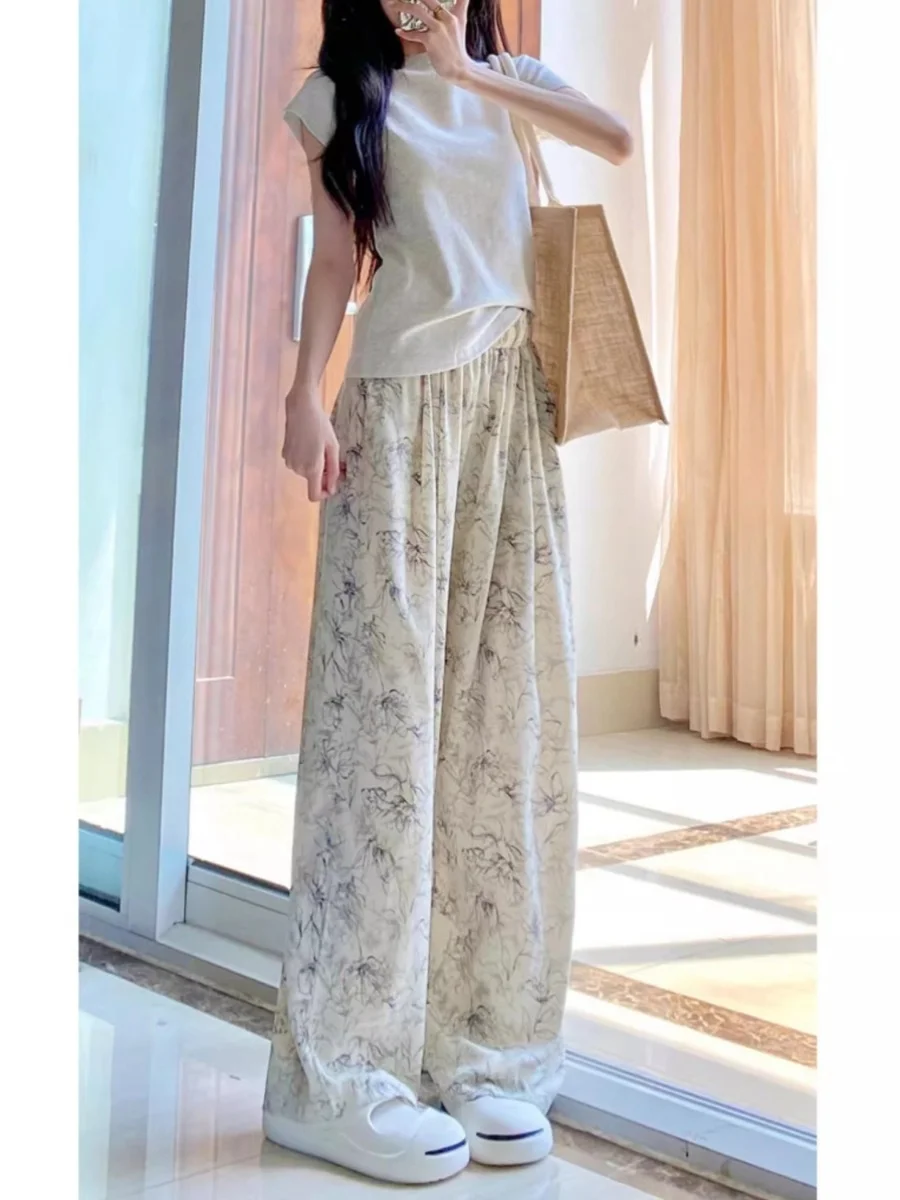 High Waist Wide Leg Pants Women's Summer Thin Chiffon Dyed Ink Casual Ice Silk Sun Protection Trousers Loose Draped Style