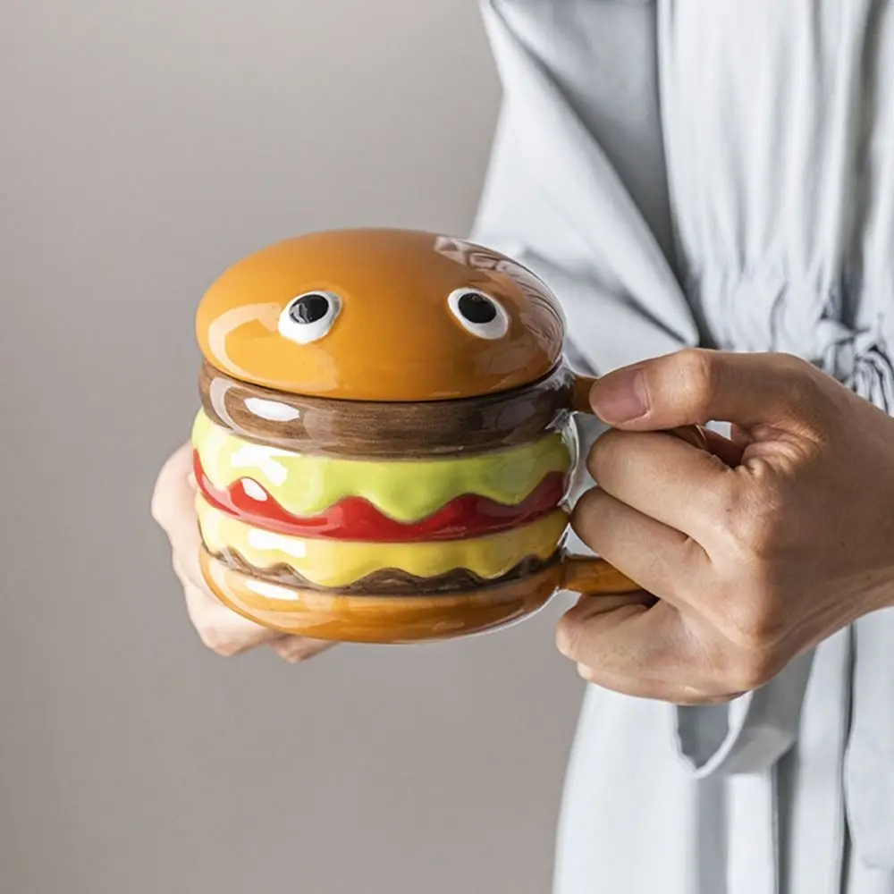

Cartoon Hamburger Coffee Mugs Comfortable Grip Heat Resistant Water Cup with Lid Non-slip Anti-scald Creative Ceramic Cup