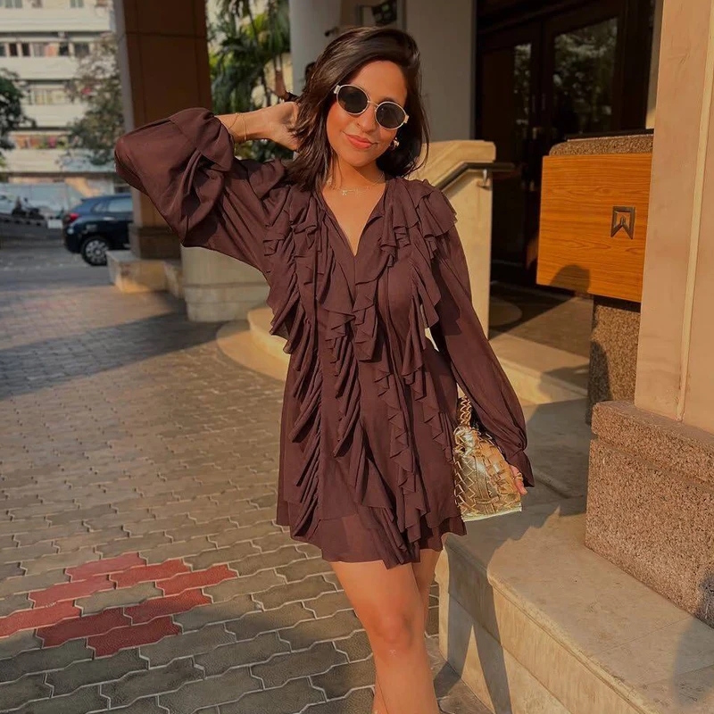 MUJER 2025 Rüschen Kurze Kleider für Frauen Plissee Tüll Partykleid Frauen Semi Sheer Damen Sommerkleid Fee Minikleid Frau