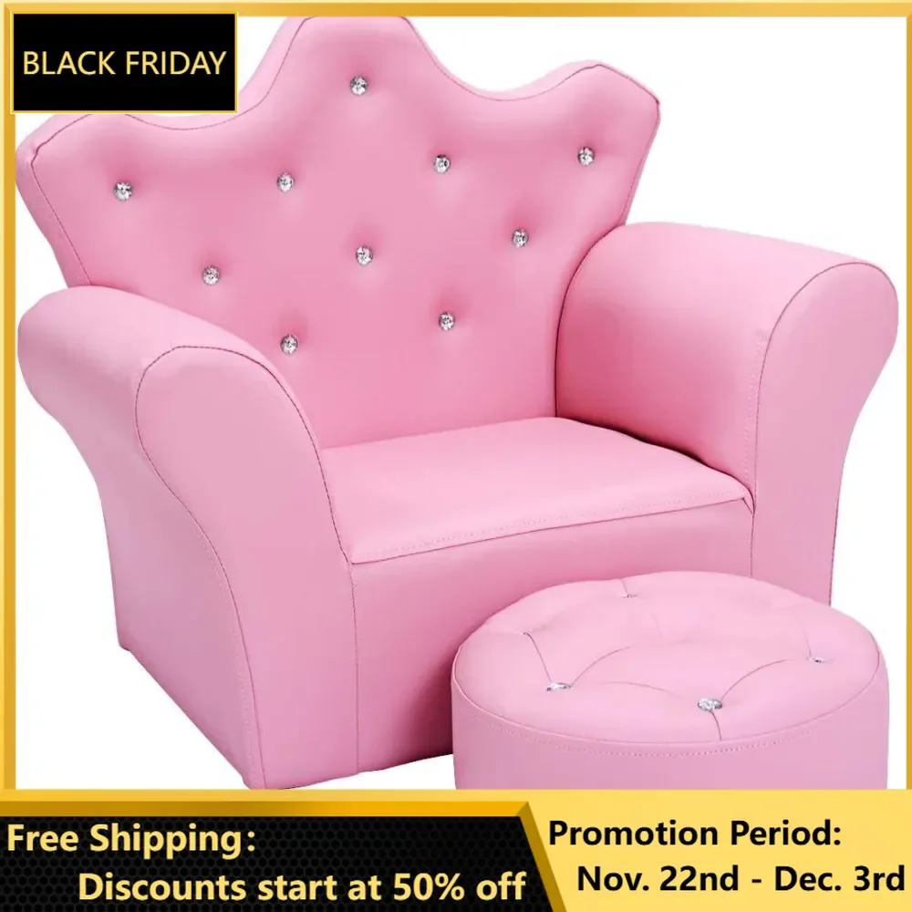 Kids Sofa, Upholstered Sofa with Ottoman, Princess Sofa with Diamond Decoration, PVC Leather Toddler Chair, Gift for Toddlers