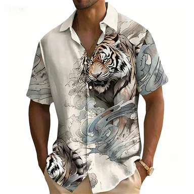 Summer New China-Chic Tiger Head Print Short Sleeve Shirt Men's Hegemonic Loose Hawaiian Vacation Casual Shirt