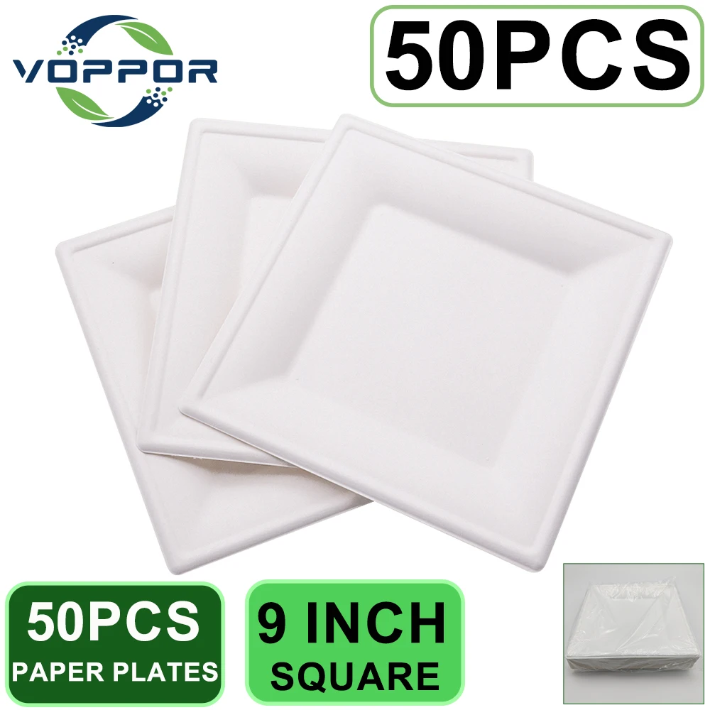 

Voppor 50PCS White Disposable 10 Inch Square Paper Plates Biodegradable Food Plate Barbecue Salad Bread Dessert Party Tableware
