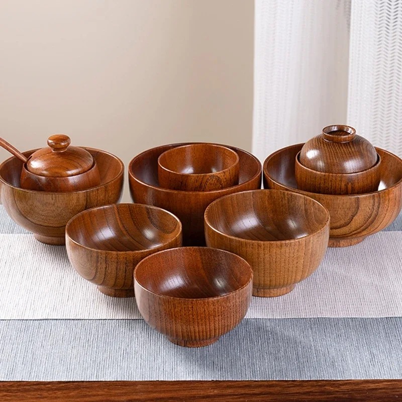 Natural Wood Bowl Japanese Style Wooden Bowl Tableware for Fruit Salad Noodle Rice Hot Proof Soup Bowl Kitchen Utensil 7 Sizes