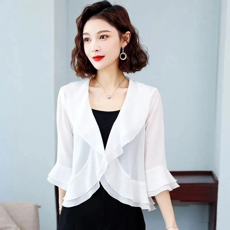 Ruffle Edge Chiffon Shawl Short Jacket For Women's 2024 NEW Spring Summer Sun Protection uterwear Thin Versatile Coat Top