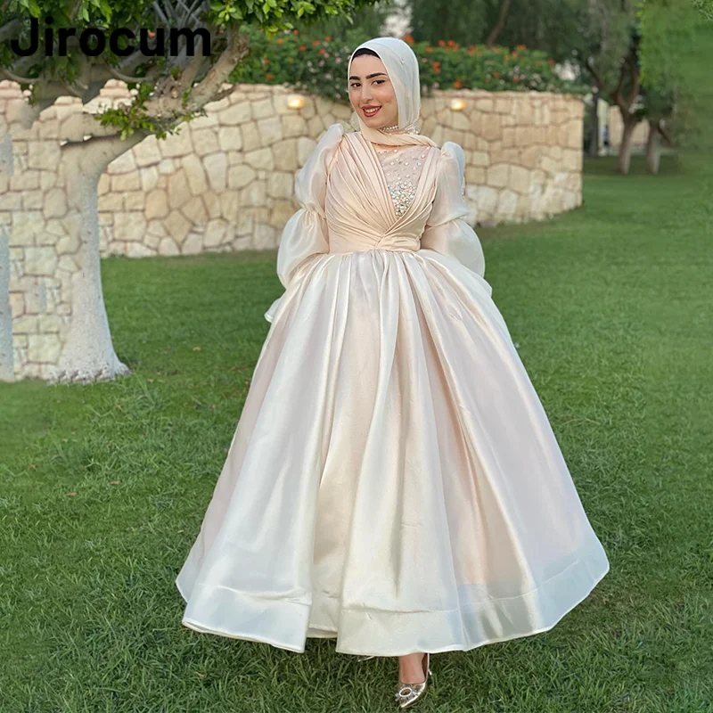 Jirocum High Neck Muslim Prom Dress Women\'s A Line Long Sleeve Party Evening Gown Beaded Saudi Ankle Formal Occasion Dresses