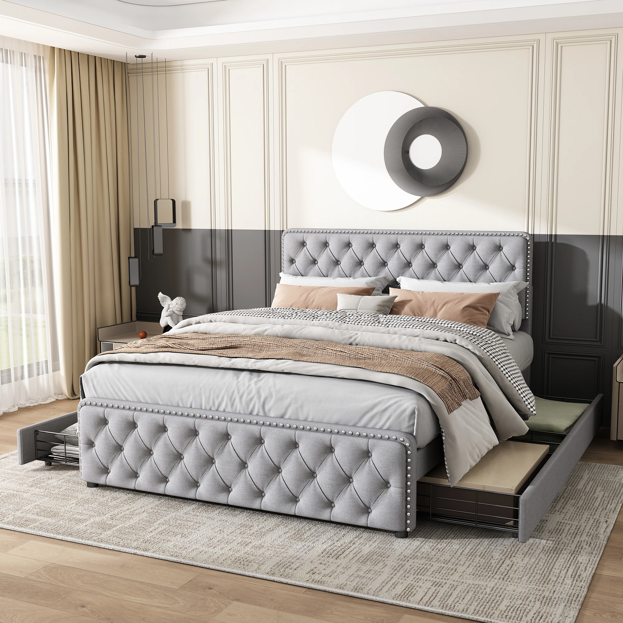 VSOGA Upholstered Bed 160*200 Cm, Double Bed, Four Drawers, Height-adjustable Headboard, Pull Tabs And Rivets At Head And Feet