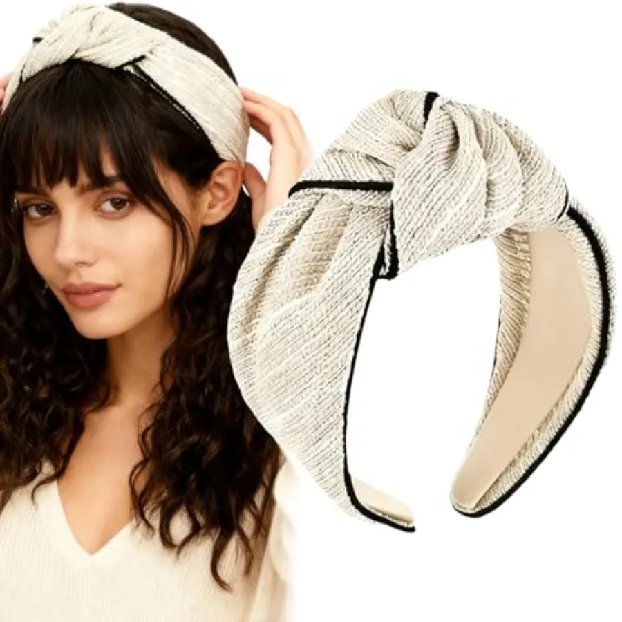 1 Piece Beige with Black Trim Wide Knotted Headband, Textured Fabric Hair Hoop with Chic Knot Design, Fashion Hair Accessory fo