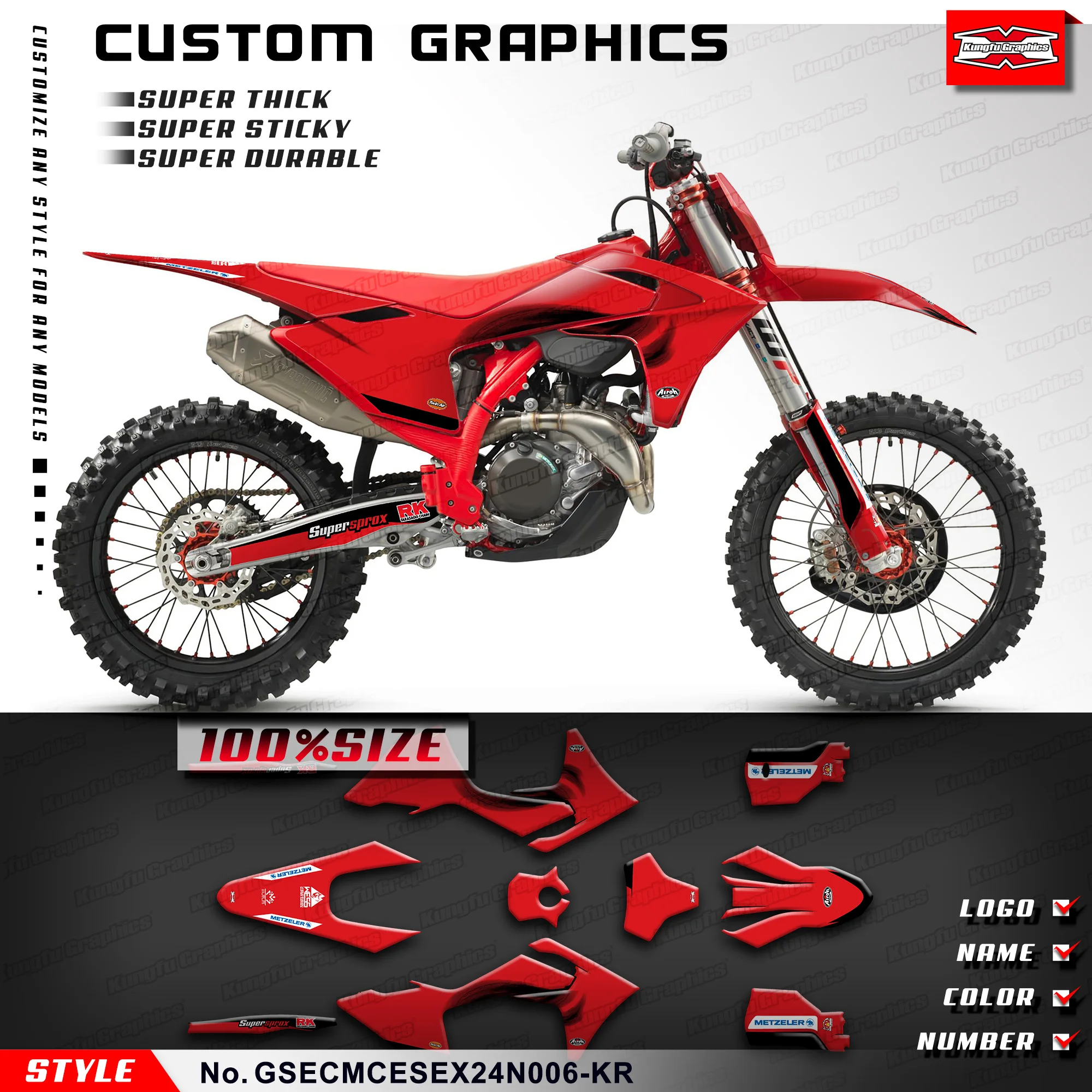 

KUNGFU GRAPHICS Dirt Bike MX Sticker Vinyl Kit for EC EX MC ES 125 250 300 250F 300F 350F 450F 500F 2024,Red,GSECMCESEX24N006-KR