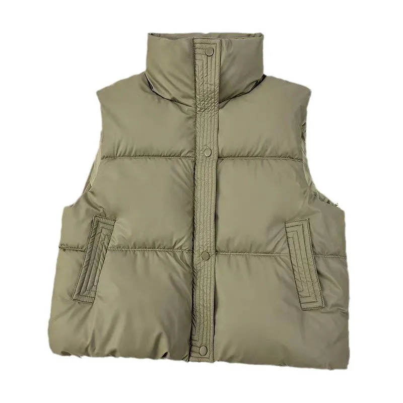 Women's Puffer Vest Winter Coat Female Down Vest with Stand Collar Zipper Closure Loose Fit Solid Color Pocket Detail Casual
