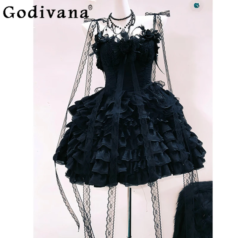 

Lace Strap Lolita Princess Dress Female Original Gothic Style Dark Gothic Dress Women's Black Color Dress and Coat Set