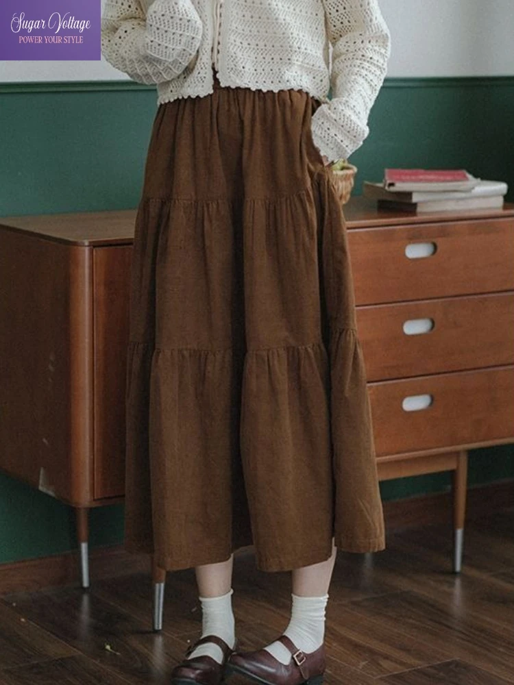 

Mori Vintage Brown Cake Skirt Women High Waist Long Skirt Autumn Winter Retro Sweet Kawaii Elegant Mid Length Skirt Outfit 2025