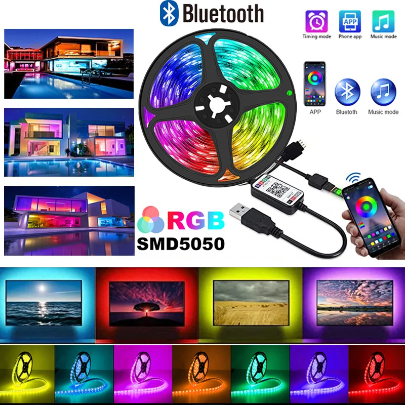 Ensemble de bandes lumineuses LED avec télécommande colorée, Bluetooth, 5V, 0.5M/1M/2M/3 4 5M, éclairage d'ambiance de fond de télévision, 5050RGB