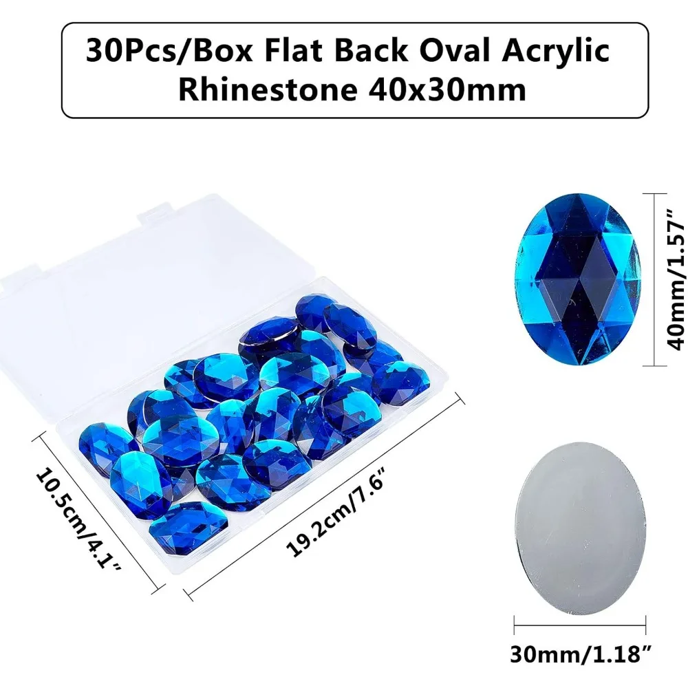 30Pcs/Box Flat Back Oval Acrylic Rhinestone 1.57x1.18inch Faceted Gems with Silver Flat Back for Costume Making Cosplay Jewels