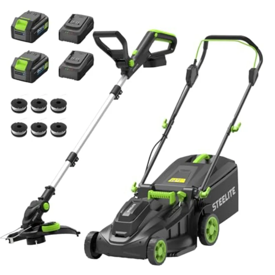 40V 17 Electric Lawn Mower 12 String Trimmer Combo Set, Yard Care Kit with 2x4.0Ah Batteries Dual Chargers