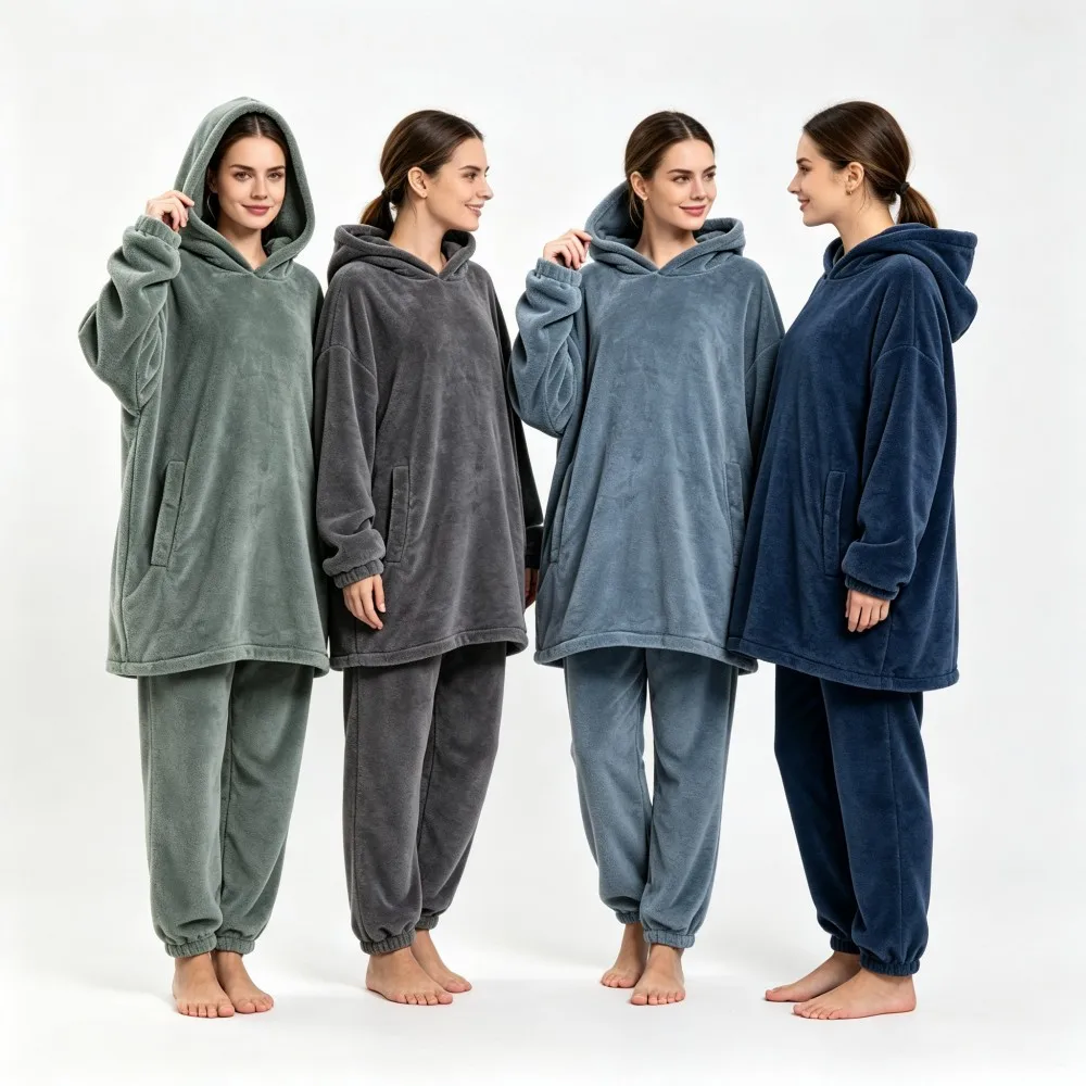 Men Oversized hoodie+Pants 2pcs Pajamas Sets Thick Warm Winter Loungewear Solid Color Adult Flannel Homewear Sleepwear Nightwear
