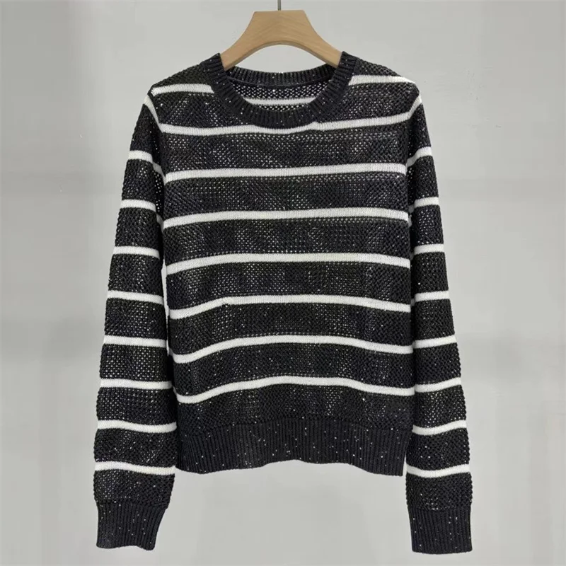 

Women's sweater New elastic knitted slim long sleeved top for autumn 2025 Sequin blended round neck pullover striped Knitwear