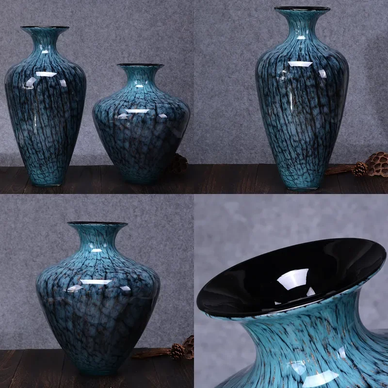 Blue Frosted Glass Vase Floor Standing Home Decor Living Room Ornament Wedding Gift Handicraft